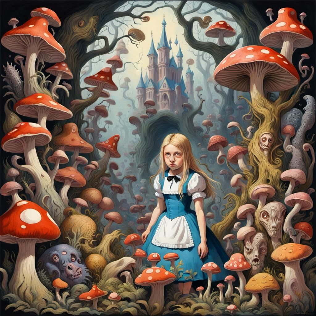 Creepy Alice in Wonderland Horror, Gouache Style