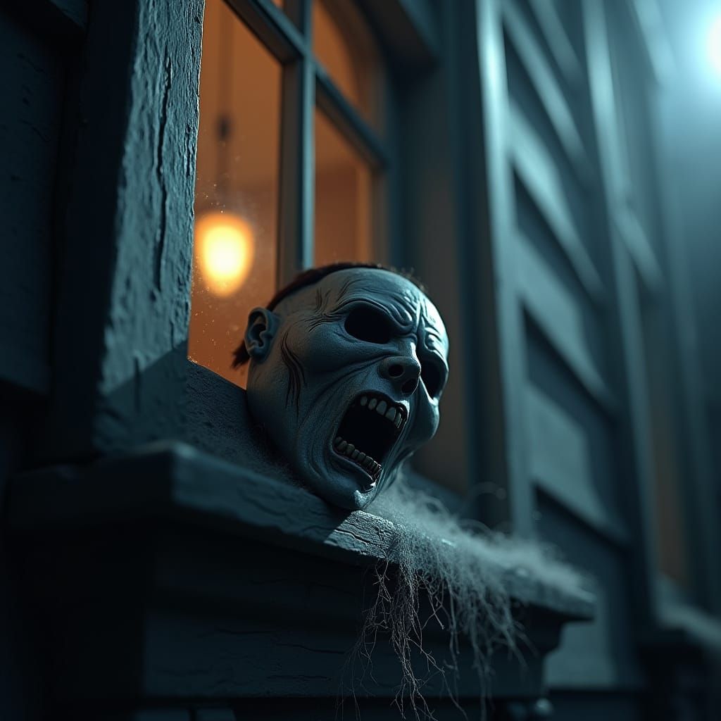 Terrifying Halloween Mask on Haunted House Ledge, Realistic