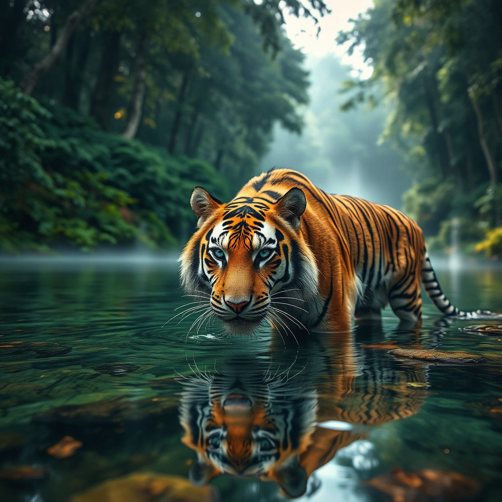 Majestic Blue-Eyed Tiger in Forest Scene