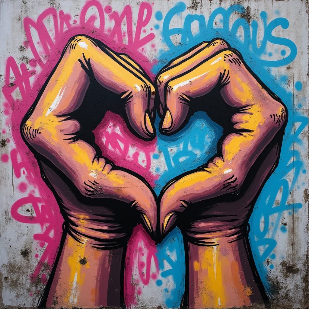 Upside Down Heart Shaped Hands in Vibrant Graffiti Style