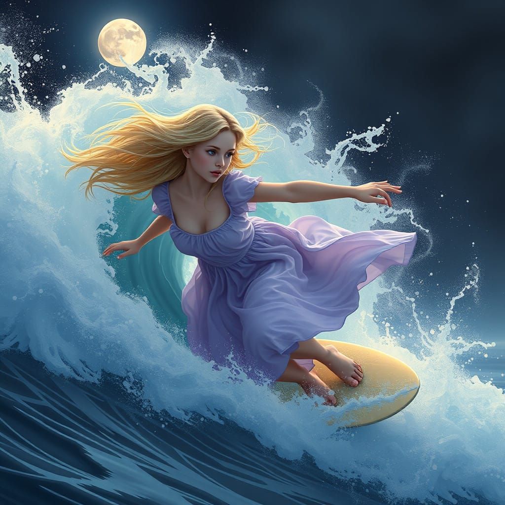 Mystical Surfer in Lavender, Under Moonlit Wave