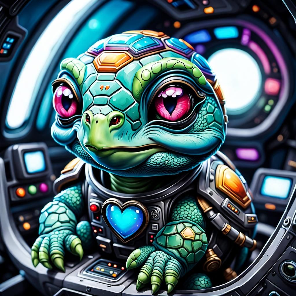 Cute Alien Turtle Pilot in Spaceship Cockpit