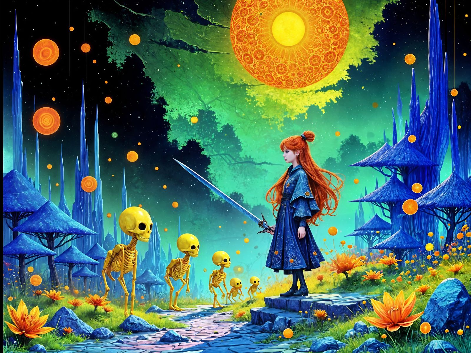 Slender Girl in a Vibrant Alien Garden