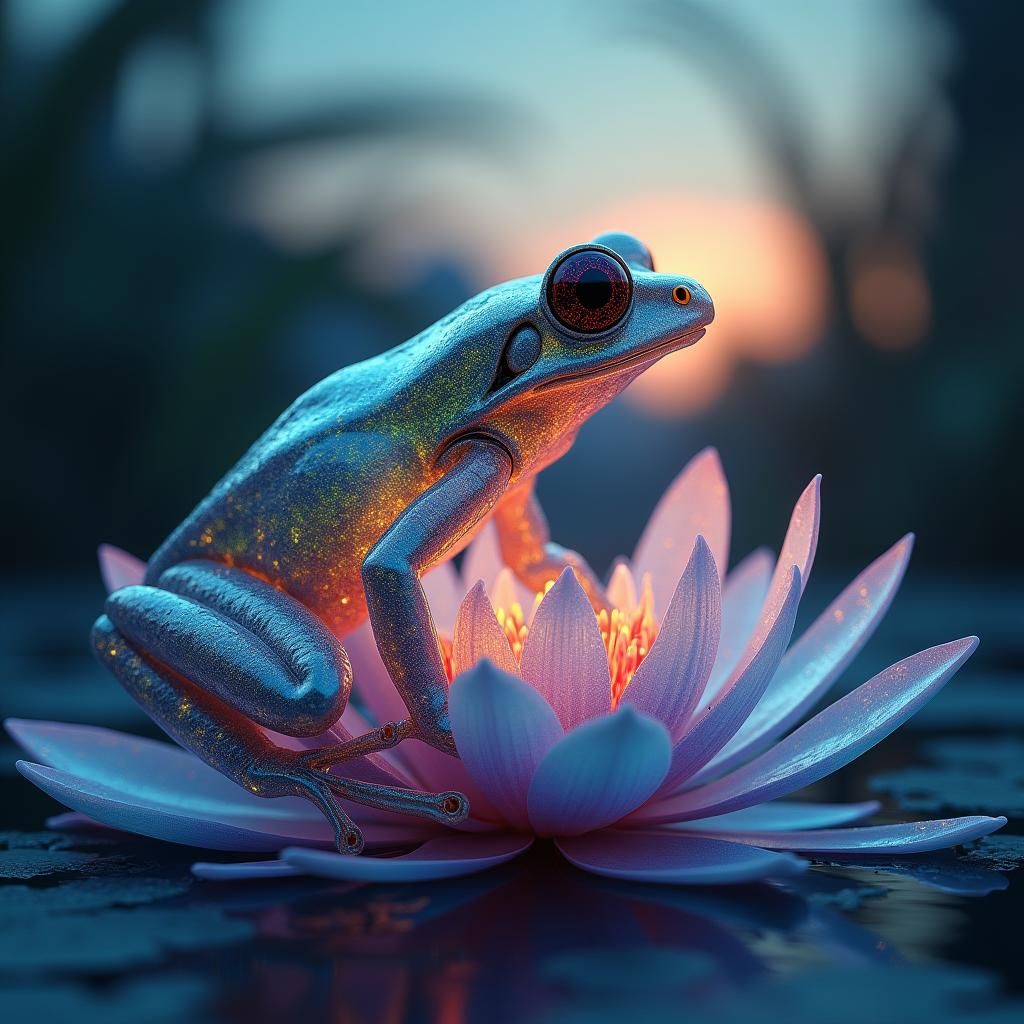 Translucent Glass Frog on Water Lily at Dusk