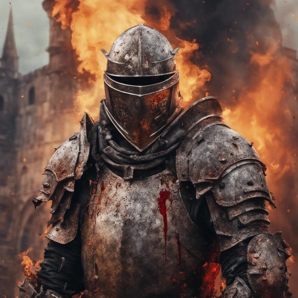 Armored Knight Amidst Burning Castle Ruins
