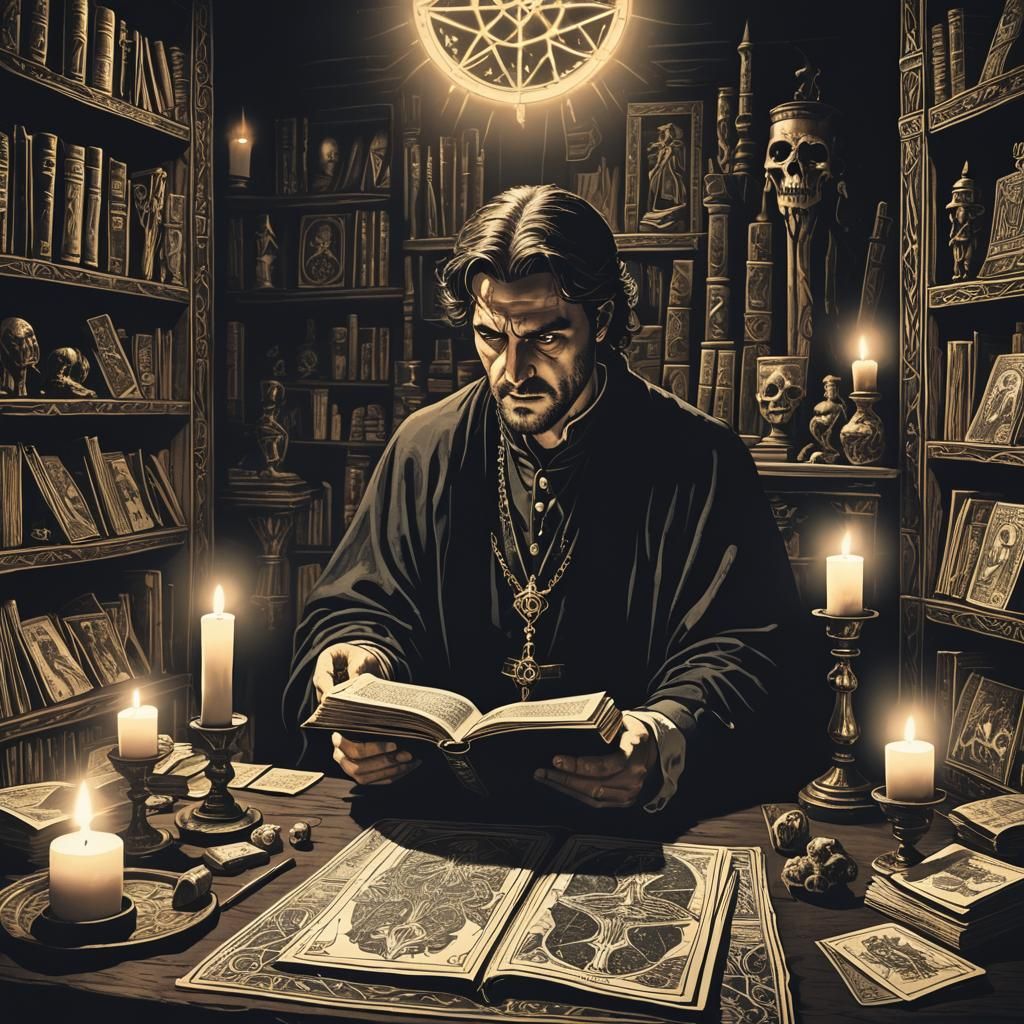 Eerie Occult Scene: Man Reading Ancient Tome