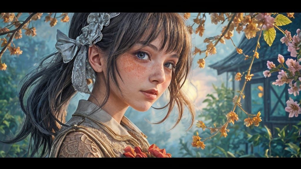 Молодая японская школьница в цветах сакуры. Любуется божьей коровкой