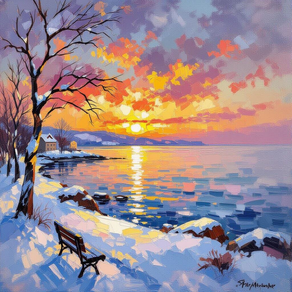 Winter Seaside Sunset in Gouache Watercolor Style
