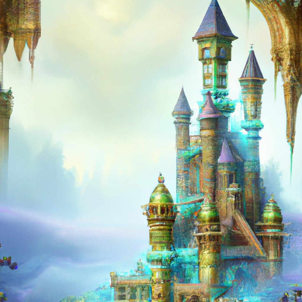 Psychedelic Castle in Fog, Hyperrealistic Concept Art