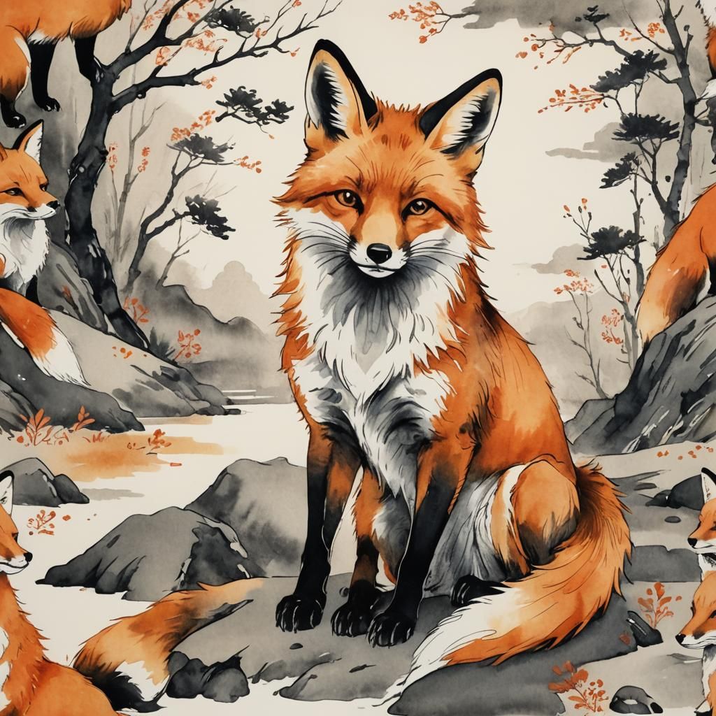 Fox Portrait in Ukiyo-e Style with Charcoal Details