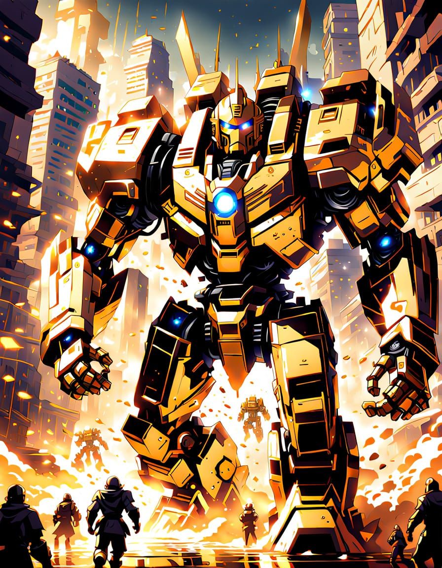 Giant Golden Mech Attacks Humans in Anime Splash Art Style