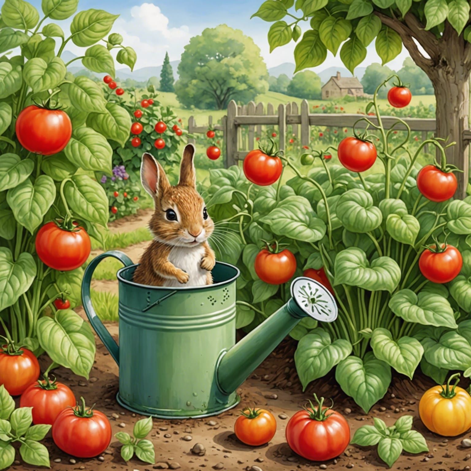 Chibi vegetable patch mischief, art by Beatrix Potter and Jim Davis, charming scene of chibi vegetables playing hide and...