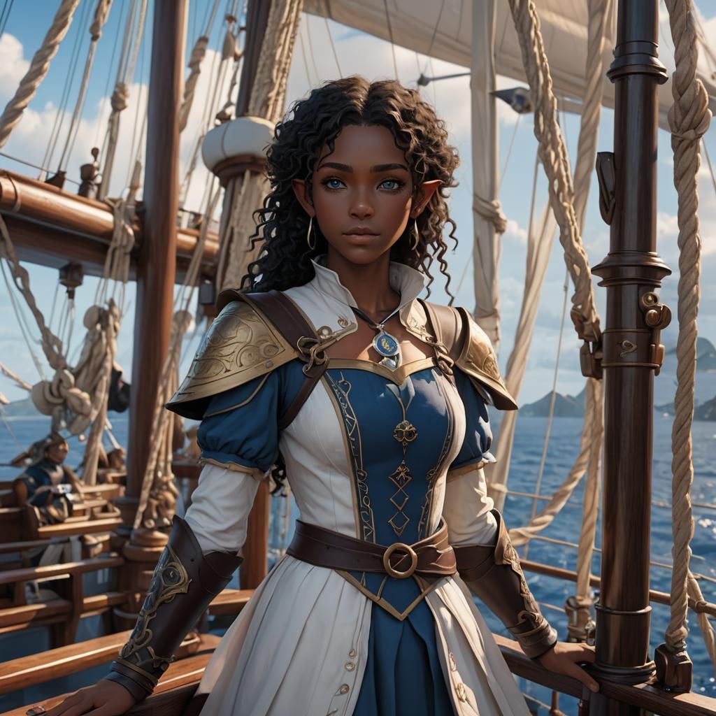 Half-Elf Girl on Sailing Ship: 3D Anime Art