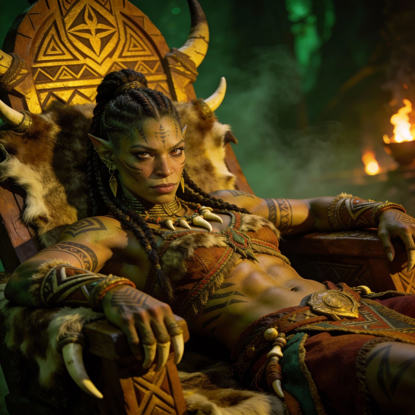 Orc Chieftain on Tribal Throne, Cinematic Photography