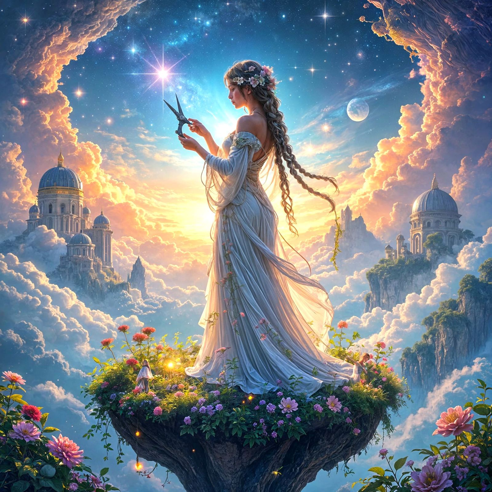 Celestial Botanist Pruning Cosmic Flowers in Nebula