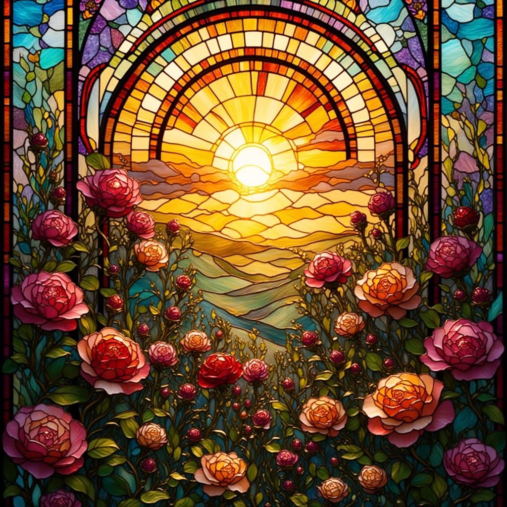 Sun Over Rose Garden In Stained Glass Style