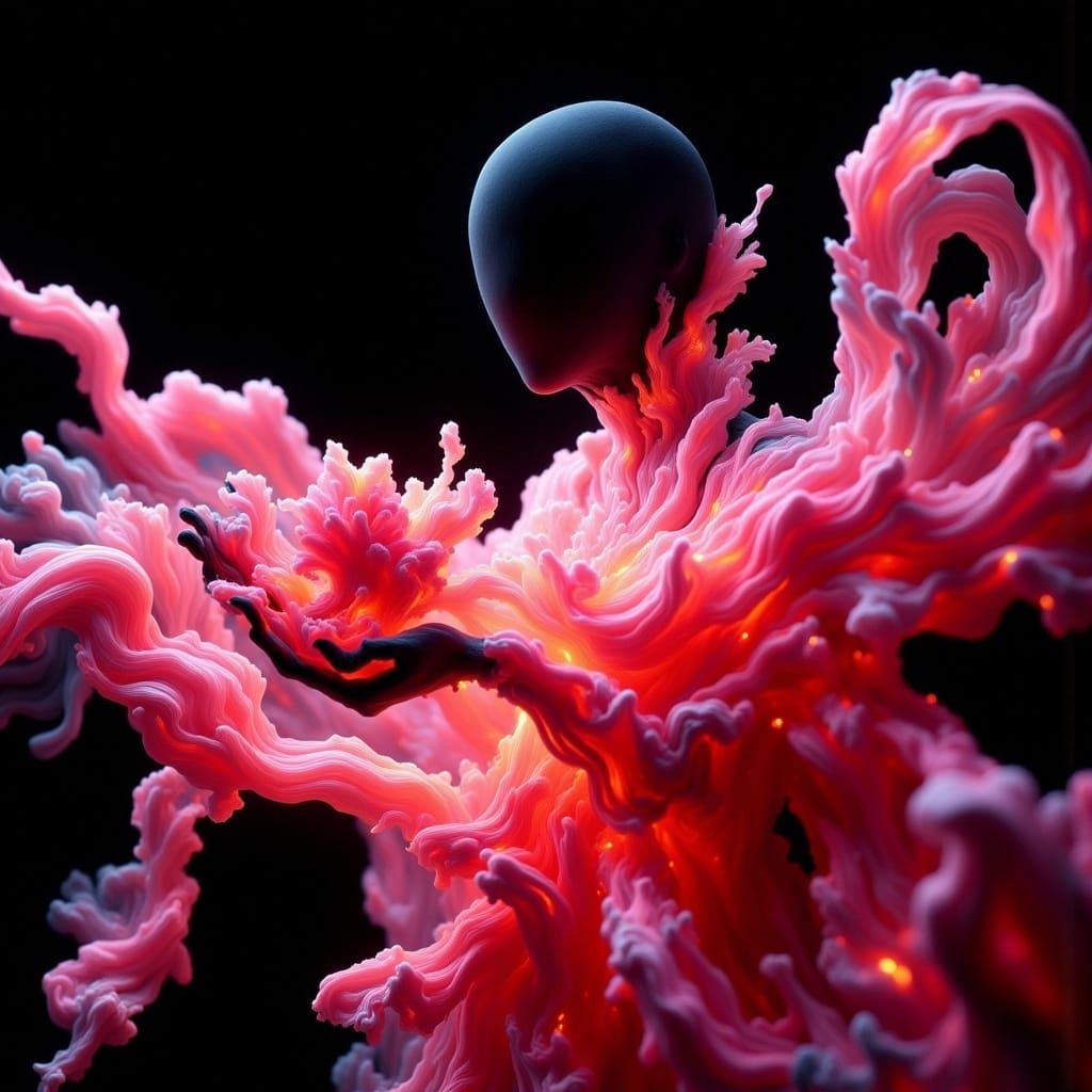 Resilient Figure Amidst Ribbons and Flowers