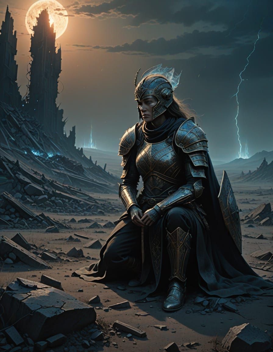 Warrior's Last Stand in a Desolate Landscape