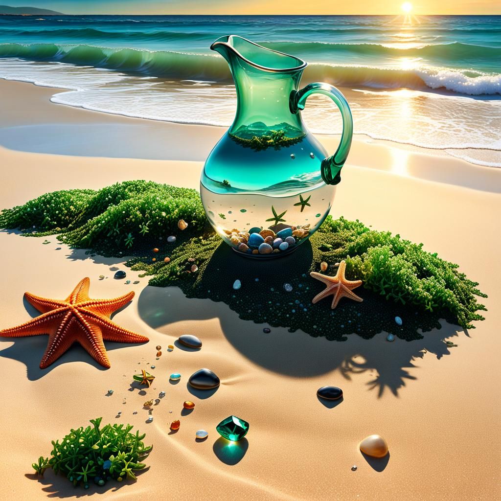 Ocean Shore with Sunken Treasures at Sunset