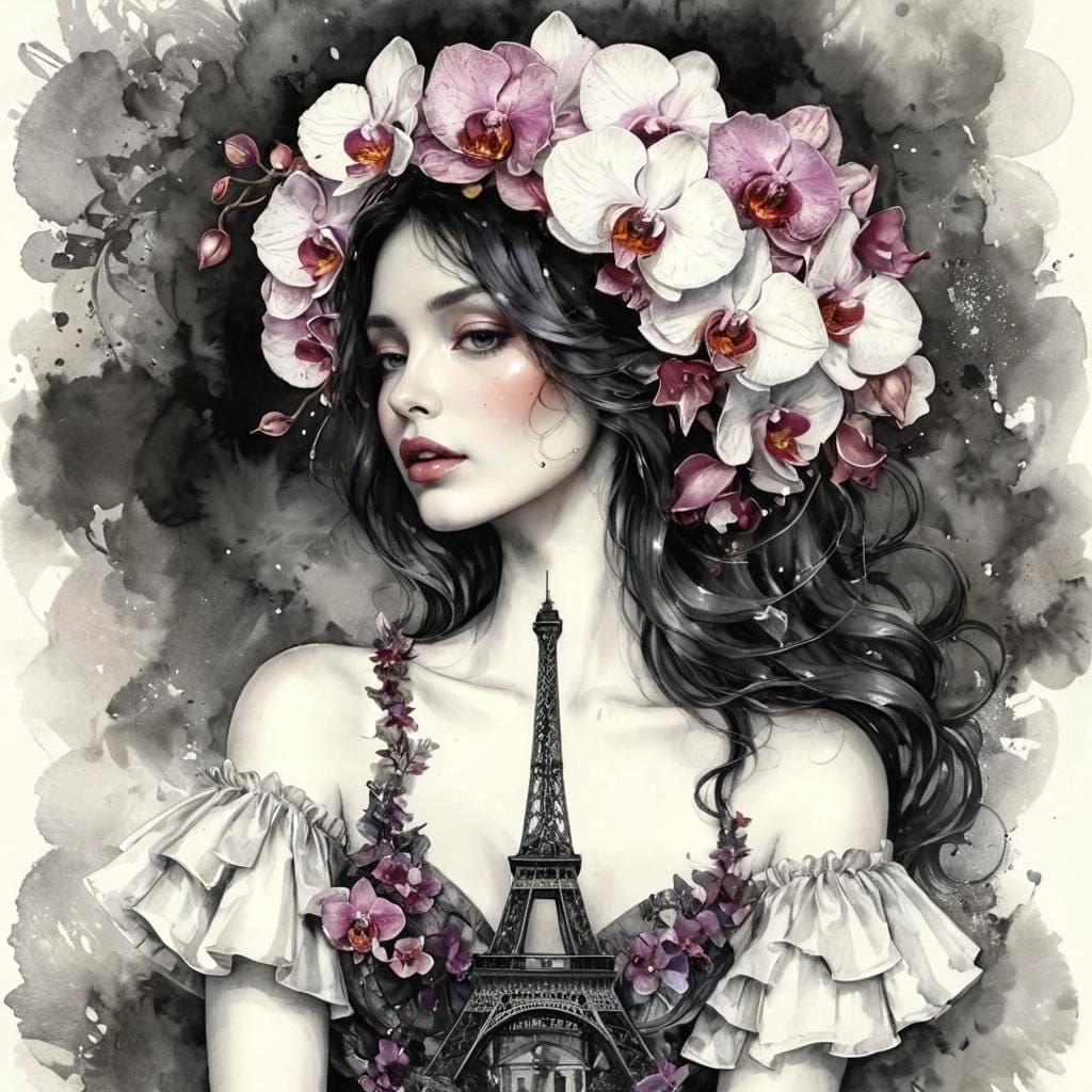 Orchid Wreath with Eiffel Tower in Alcohol Ink Style