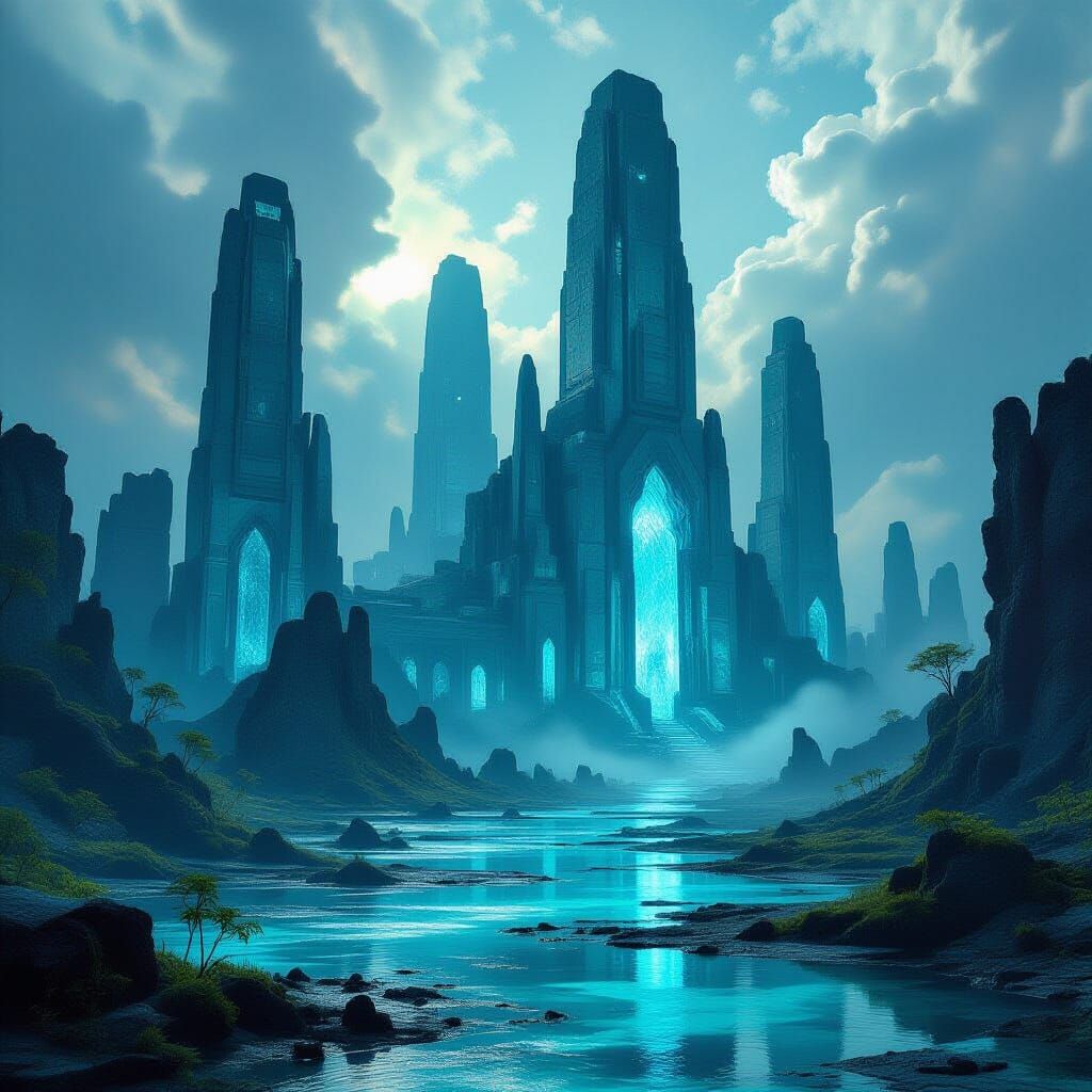 Alien Cathedral in Bioluminescent Swamp