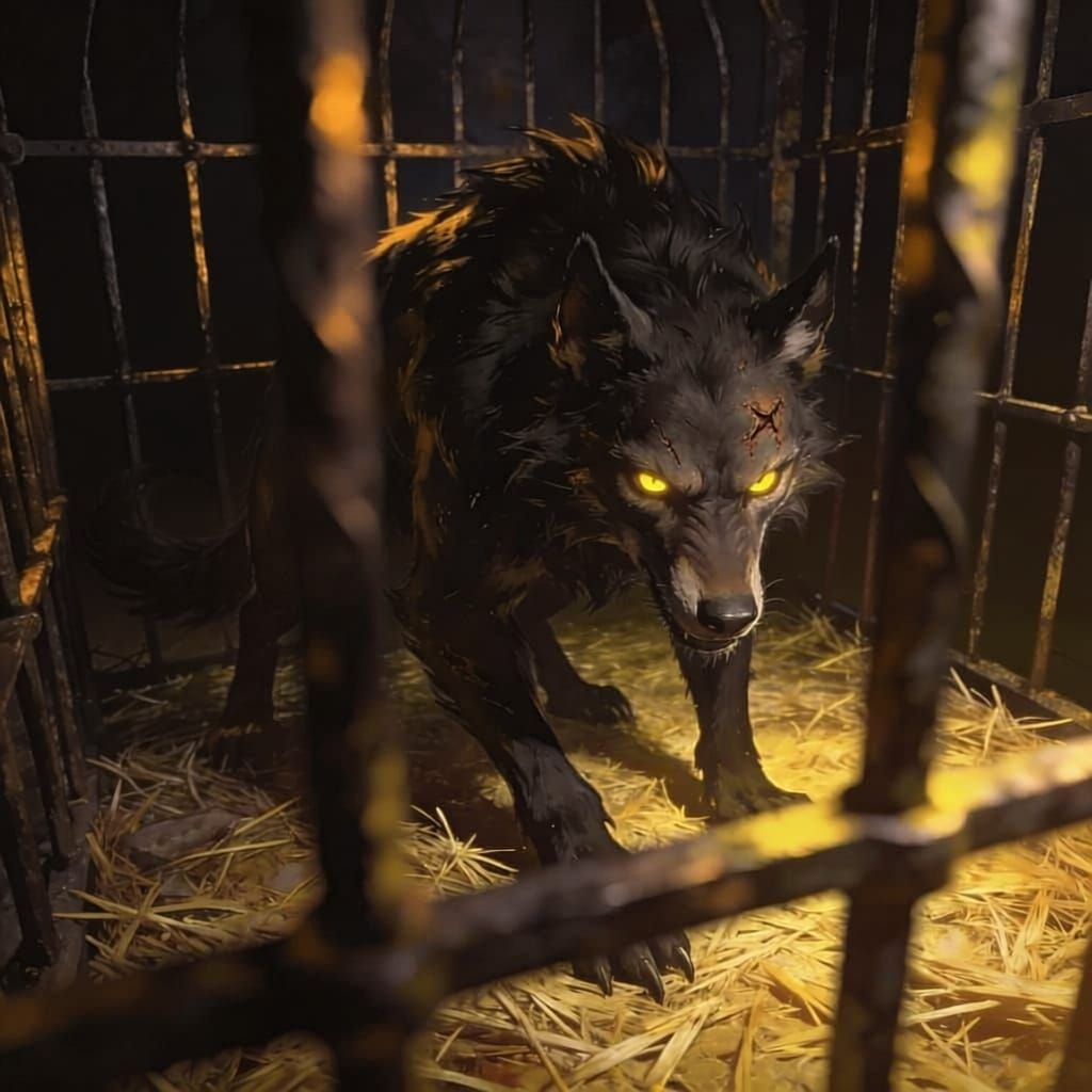 Werewolf in Iron Cage with Yellow Eyes