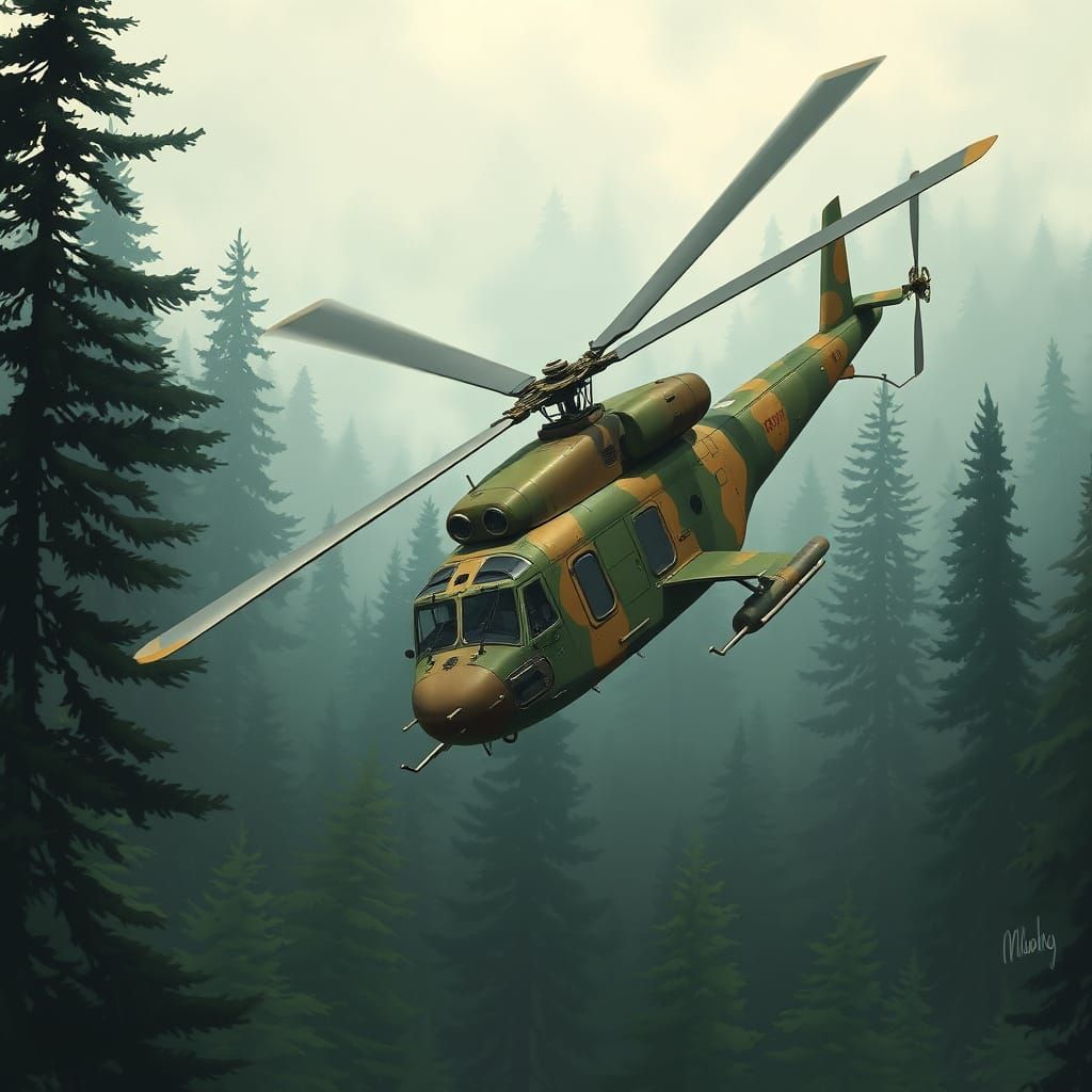 Soviet Mi-8 Helicopter in Mottled Camouflage Soars Over Dens...