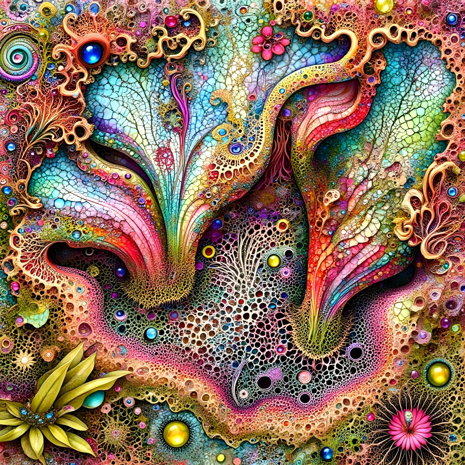 Intricate Botanical Zentangle Drawing with Creature Family