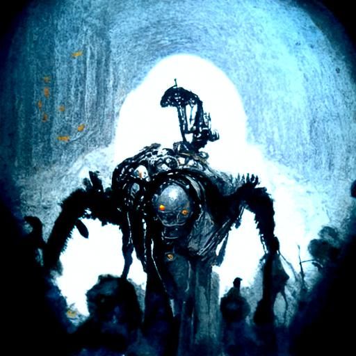 Futuristic Horror Robot in Engraving Style