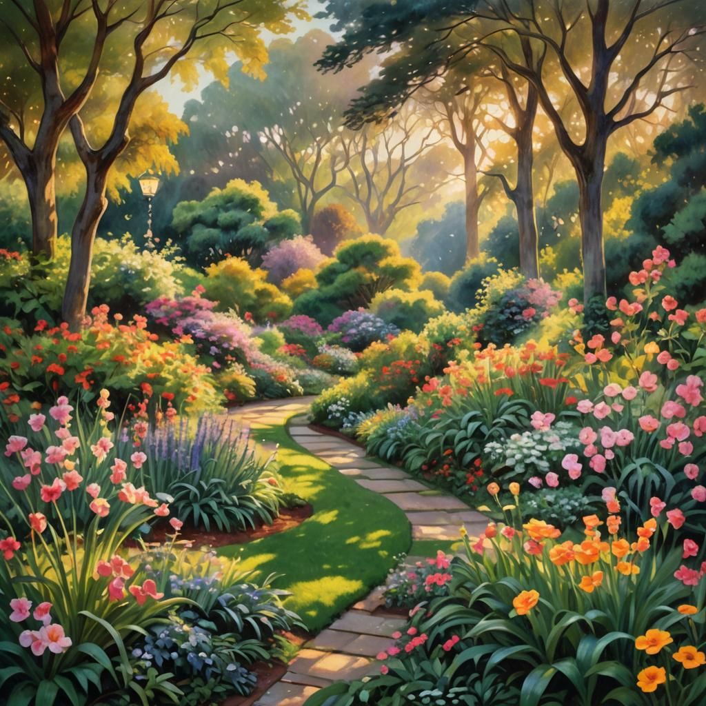 Dawn Light Over Lush Garden: Impressionist Digital Art