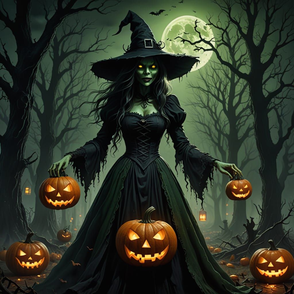 Witch Cackles in Spooky Forest Dark Fantasy Art