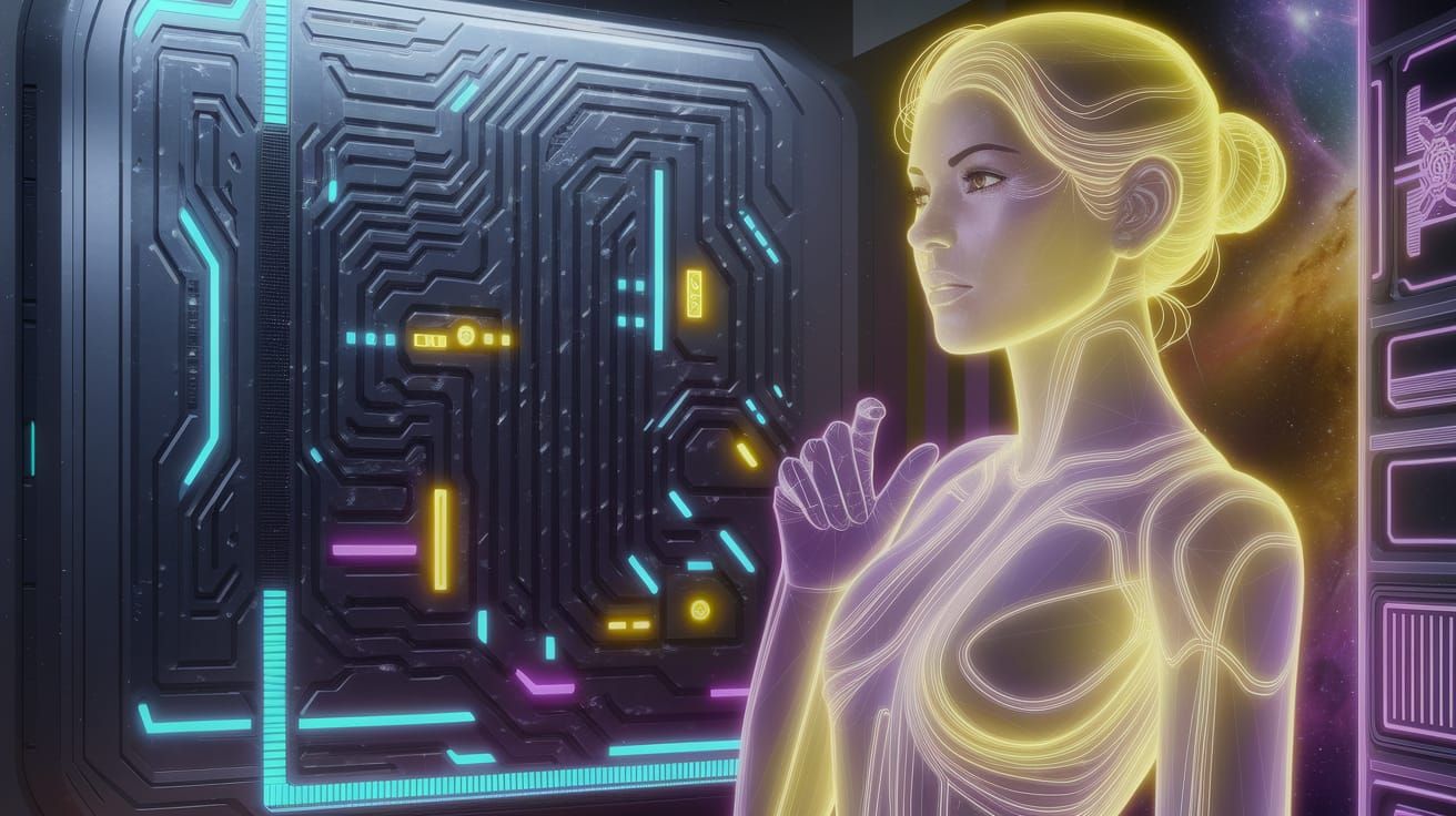 Futuristic Woman's Hologram in Neon-Lit Nebulae