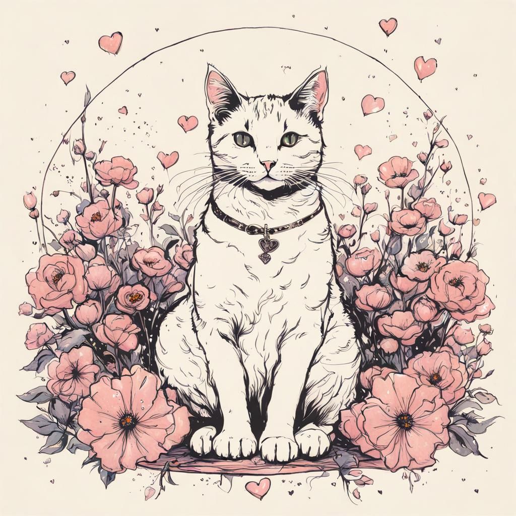 Cat on Pillow Surrounded by Flowers, Comic Book Style