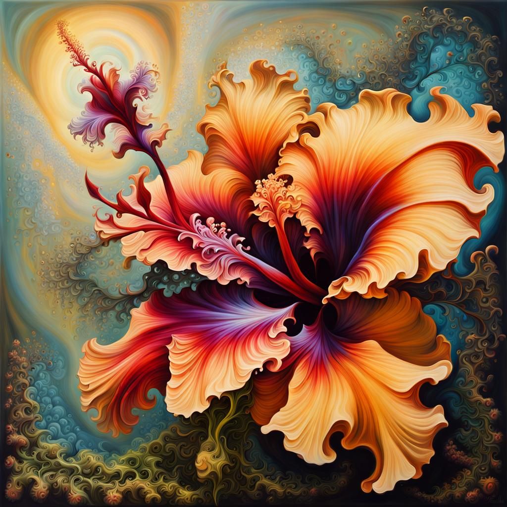 Surreal Fractal Garden with Hibiscus and Orchids