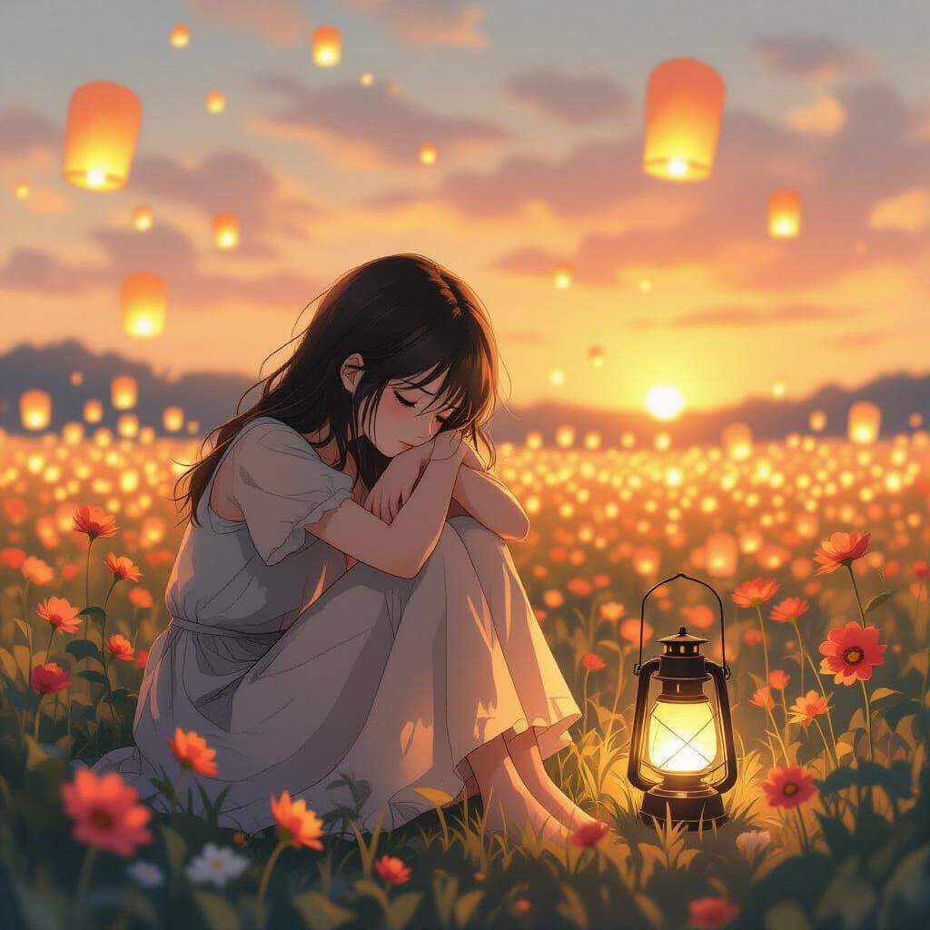 Melancholic Girl Amidst Lanterns in Anime Style