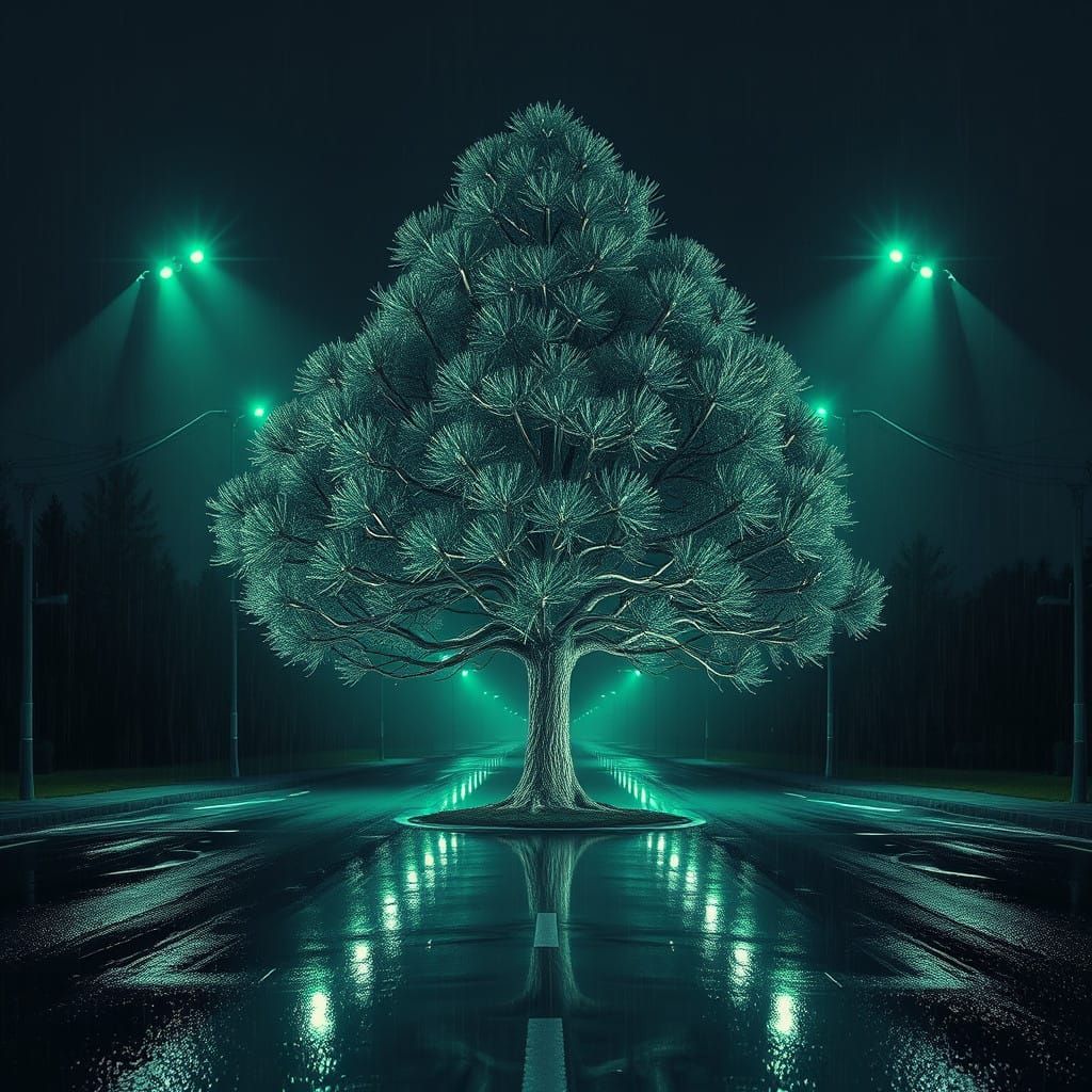 Ethereal Hyperrealistic Pine Tree in Rainy Street Scene