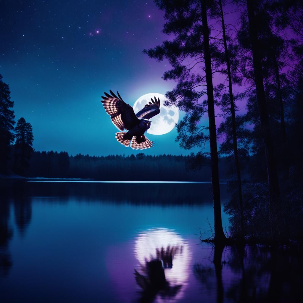 Moonlit Serenade: Owl Soars Over Forest Lake