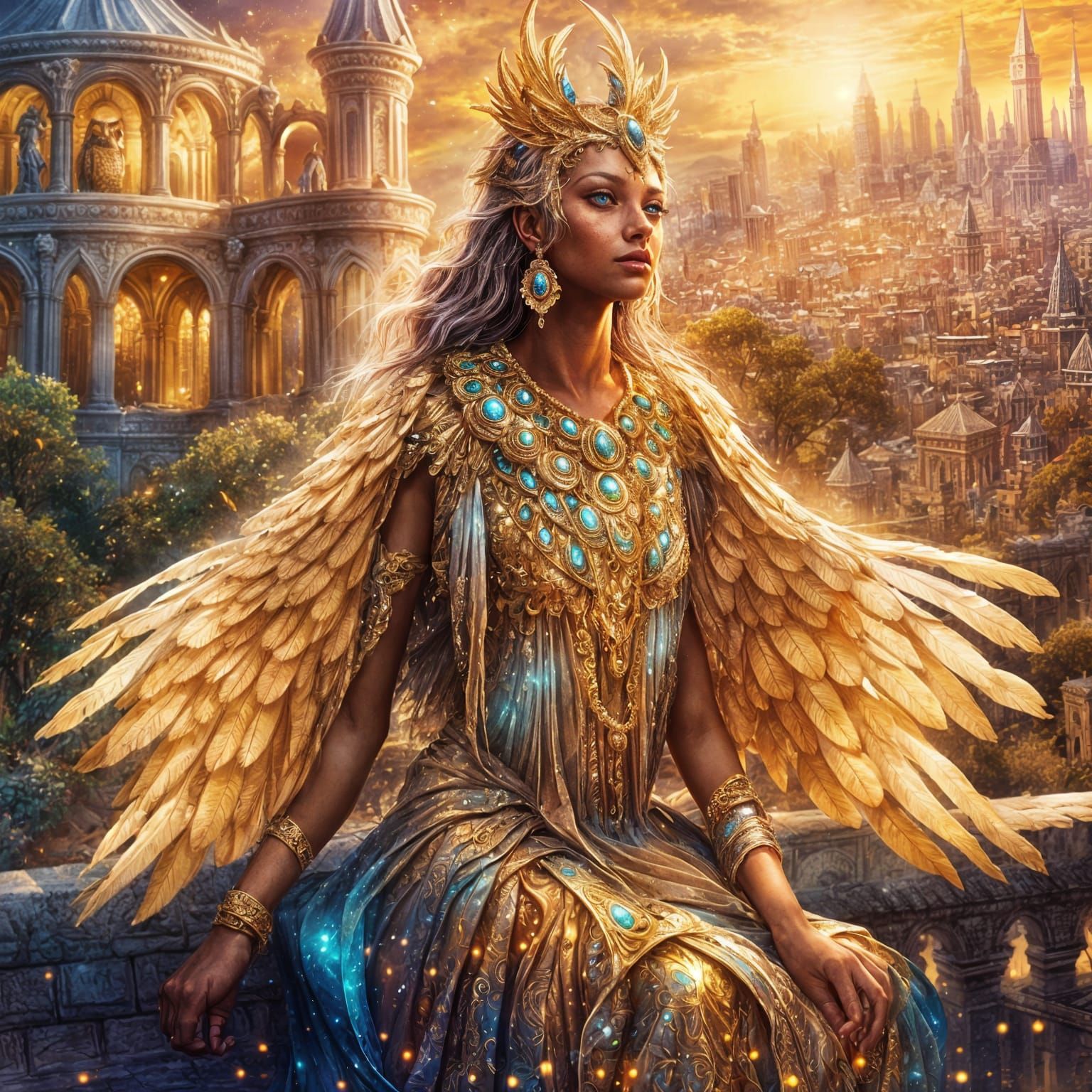 Owl Goddess Over Golden City, Digital Art