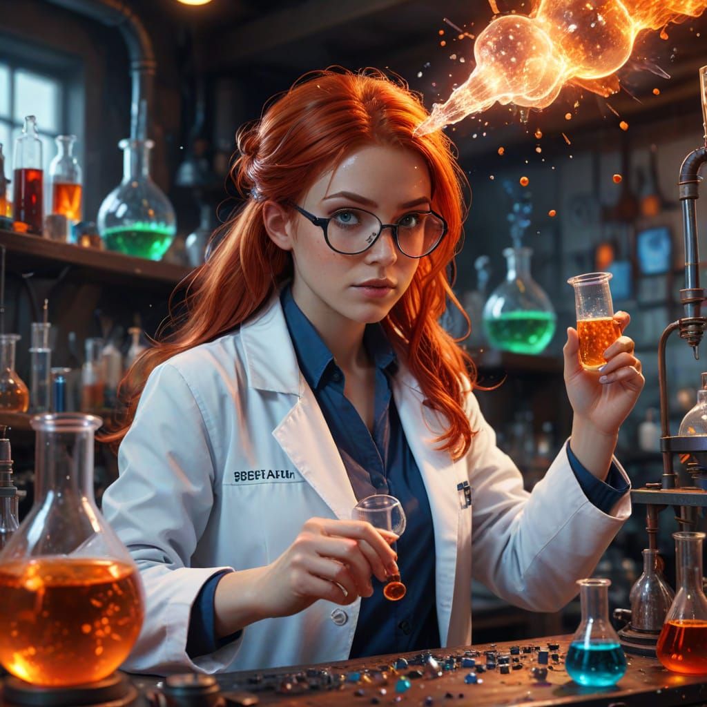 Beautiful Red-Haired Scientist in Enchanted Lab Setting