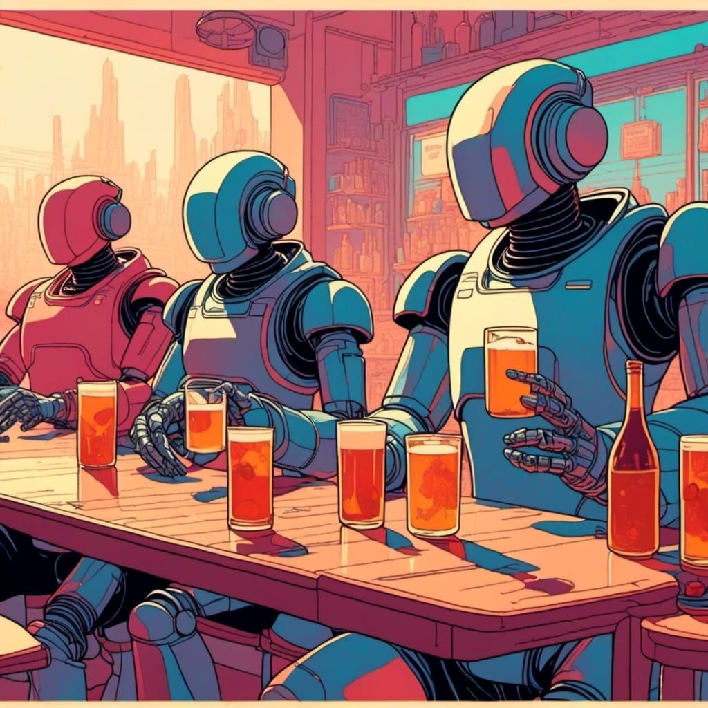 Robots Drinking in Outrun Vaporwave Style