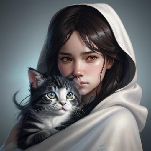 Sad Kitten and Puppy Portrait in Hyperdetailed Style