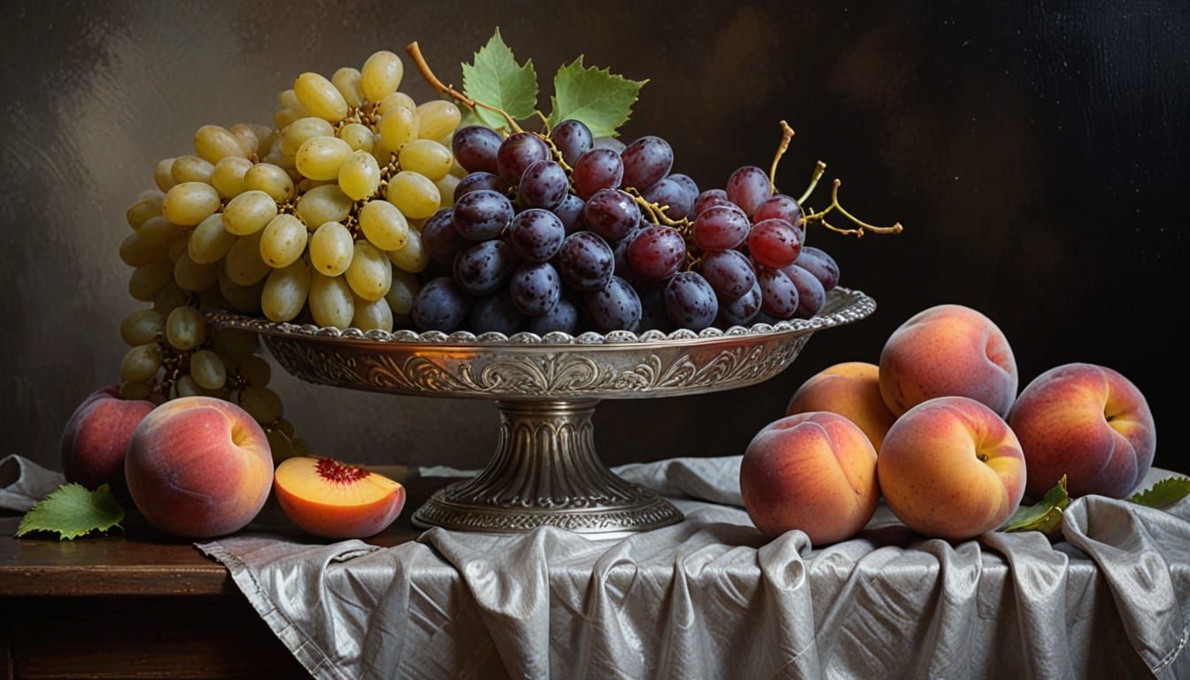 Luxurious Still Life with Grapes and Peaches