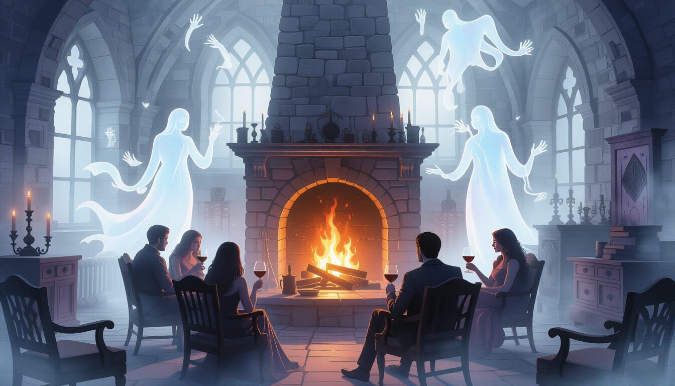 Phantom Fireplace Tales in Foggy Manor Ruins