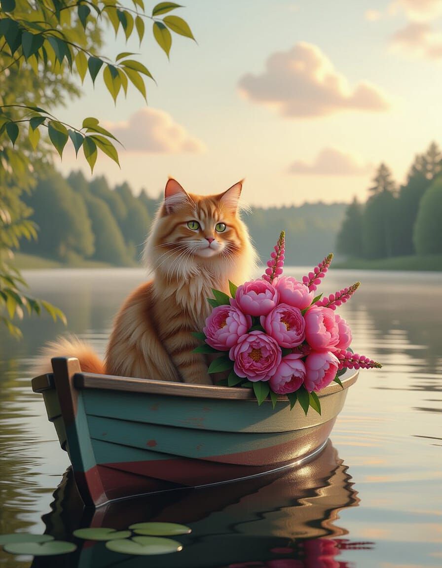 Cat in Boat with Peonies, Dreamy Realism Style