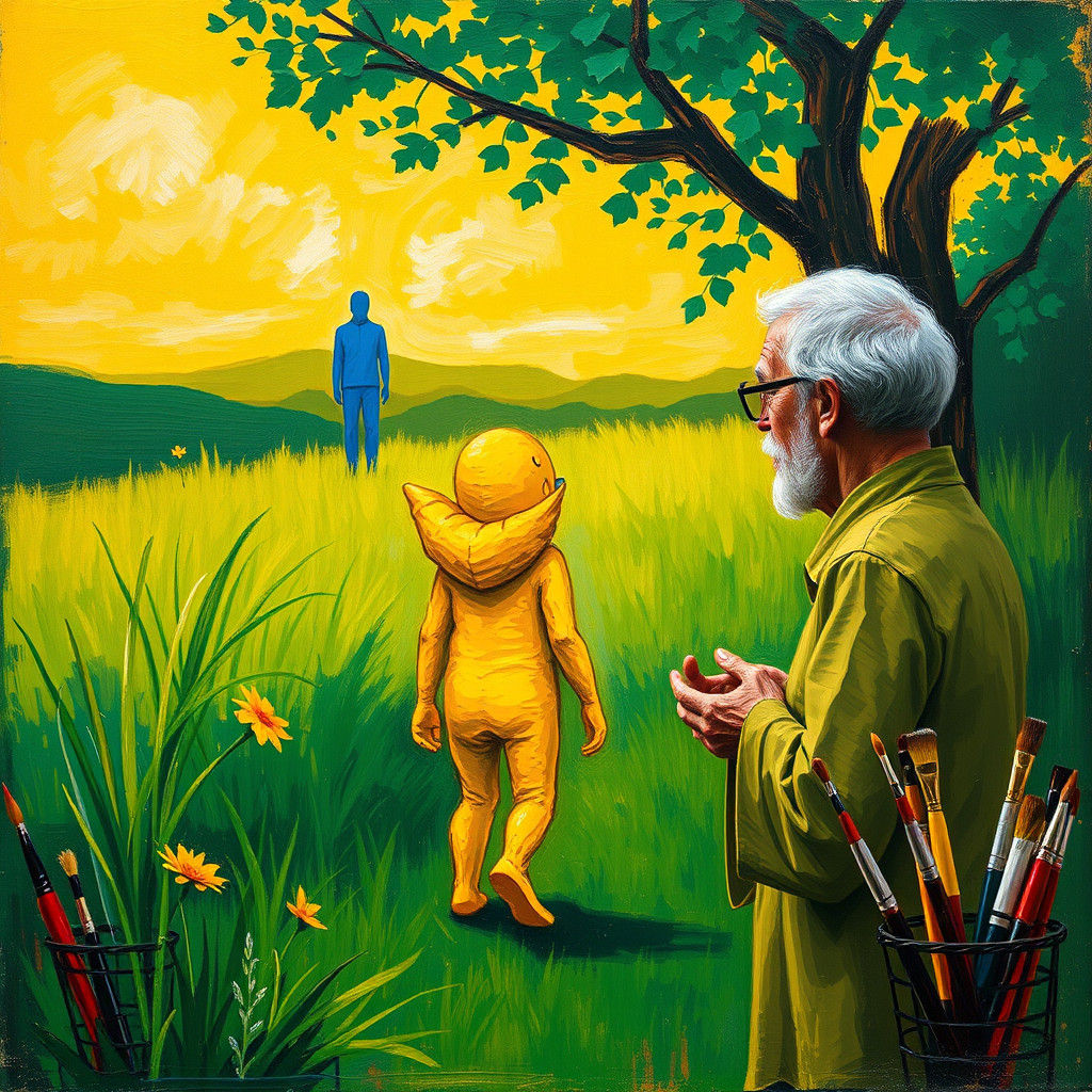 Emotional Impasto Figure Gazing in Lush Landscape