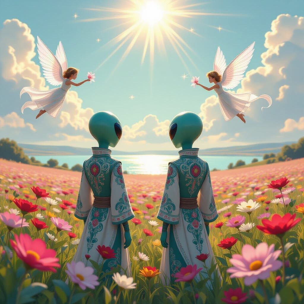 Aliens in Flower Field with Angels, Whimsical Style