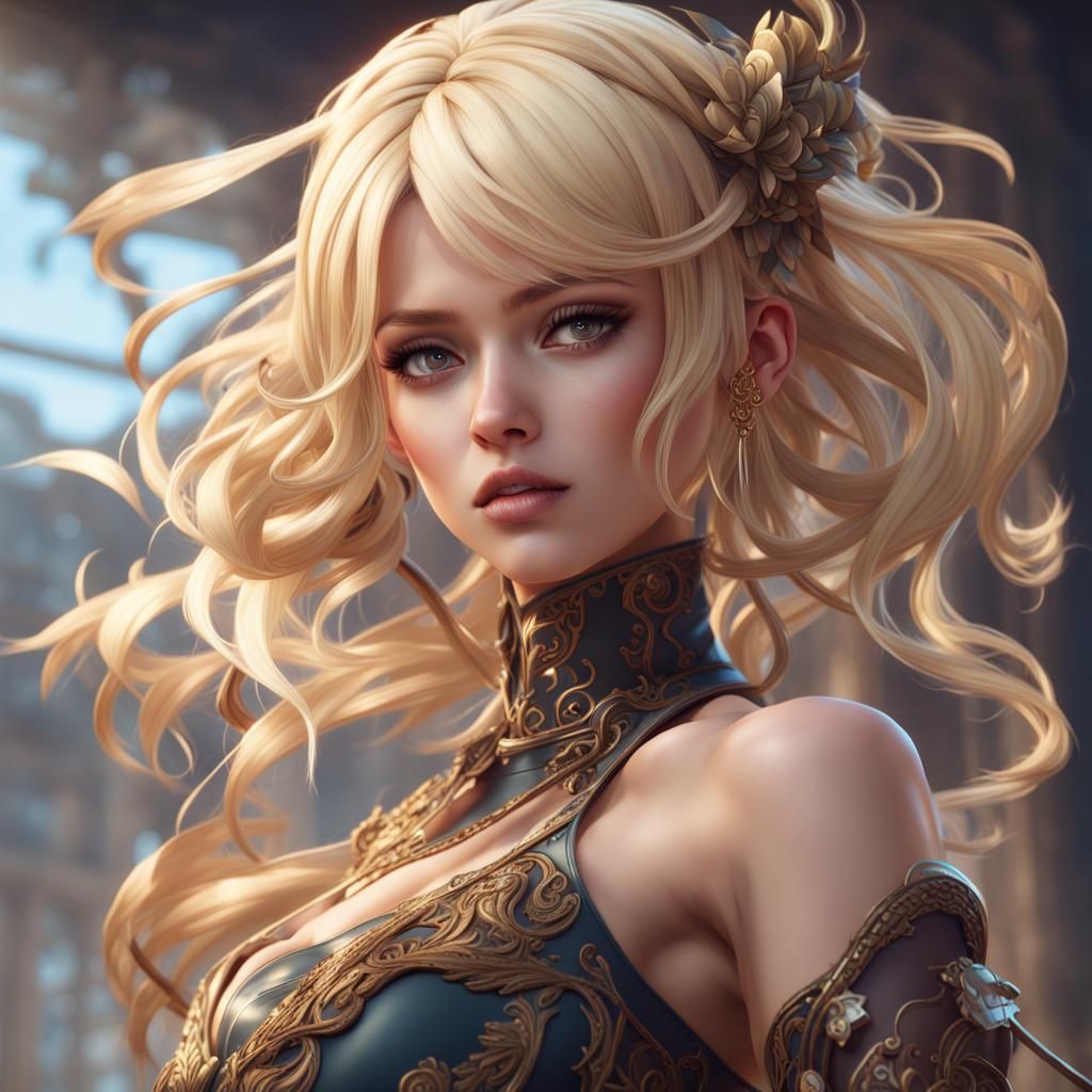 Voluptuous Anime Woman with Ahoge in Detailed Digital Painti...