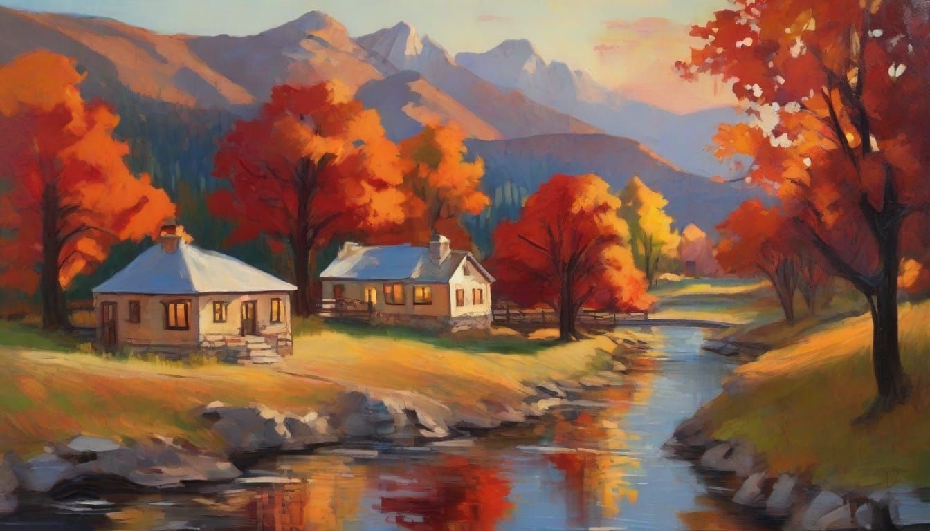 Alpine Village at Sunset: Impasto Gouache Painting