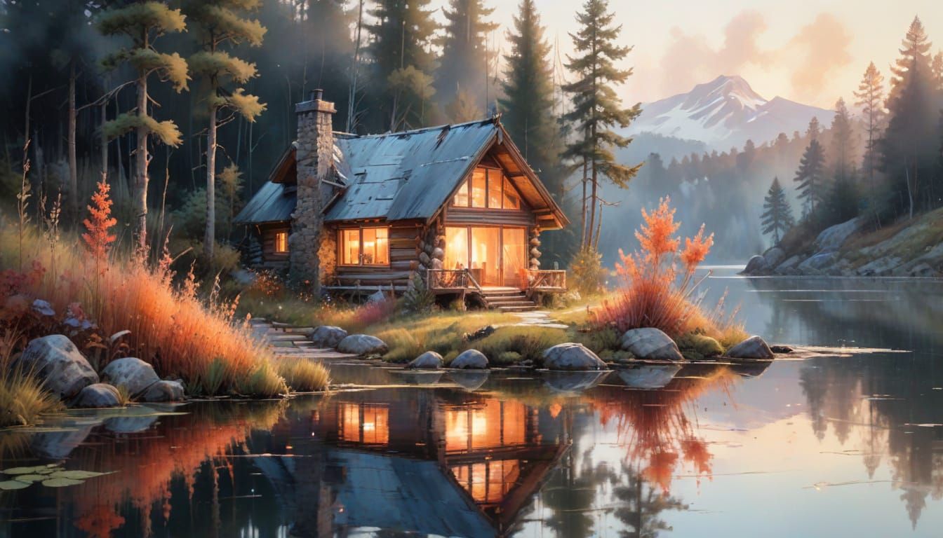 Whimsical Log Home in Pine Forest: Watercolour Painting