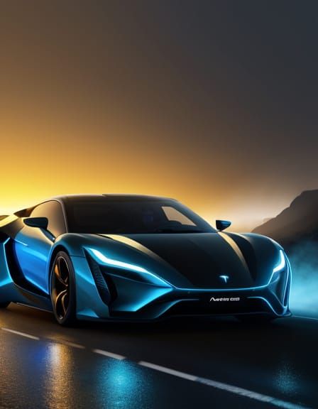 Futuristic Car on Misty Road at Sunset